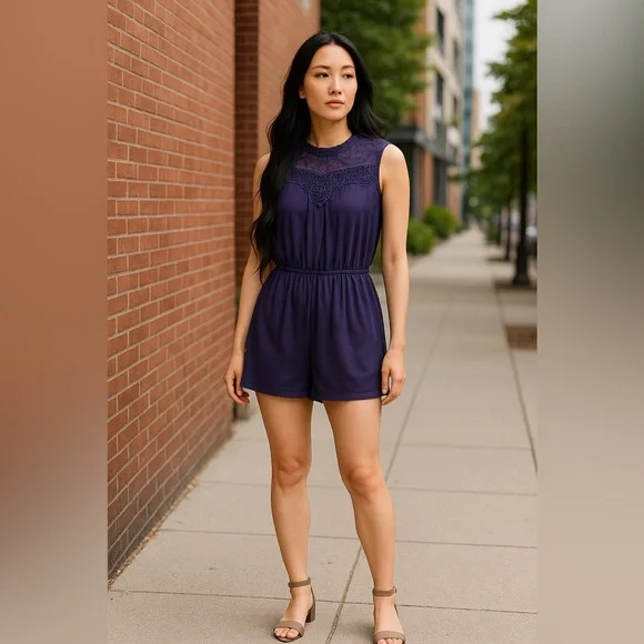 Xhilaration Deep Purple Blue Lace Detail Romper Size Large - Picture 2 of 4
